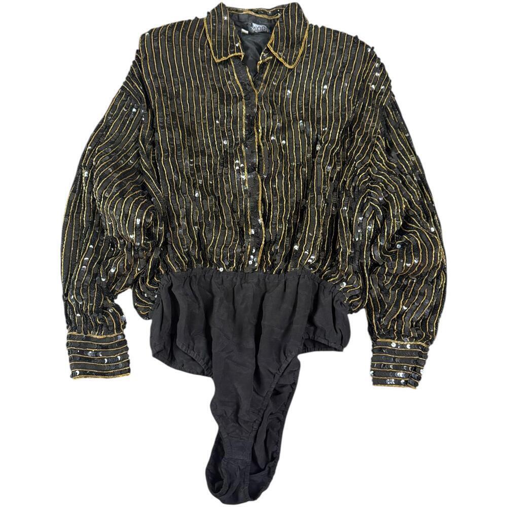 MODI Black Gold Sequin Bodysuit 100% Rayon Vintage 80s Glam Disco M 8-10